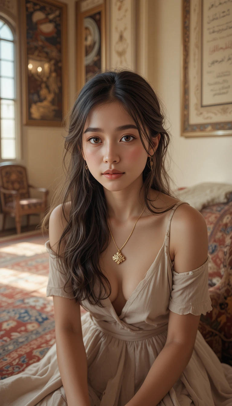 優雅波斯風房間中的寧靜女子肖像