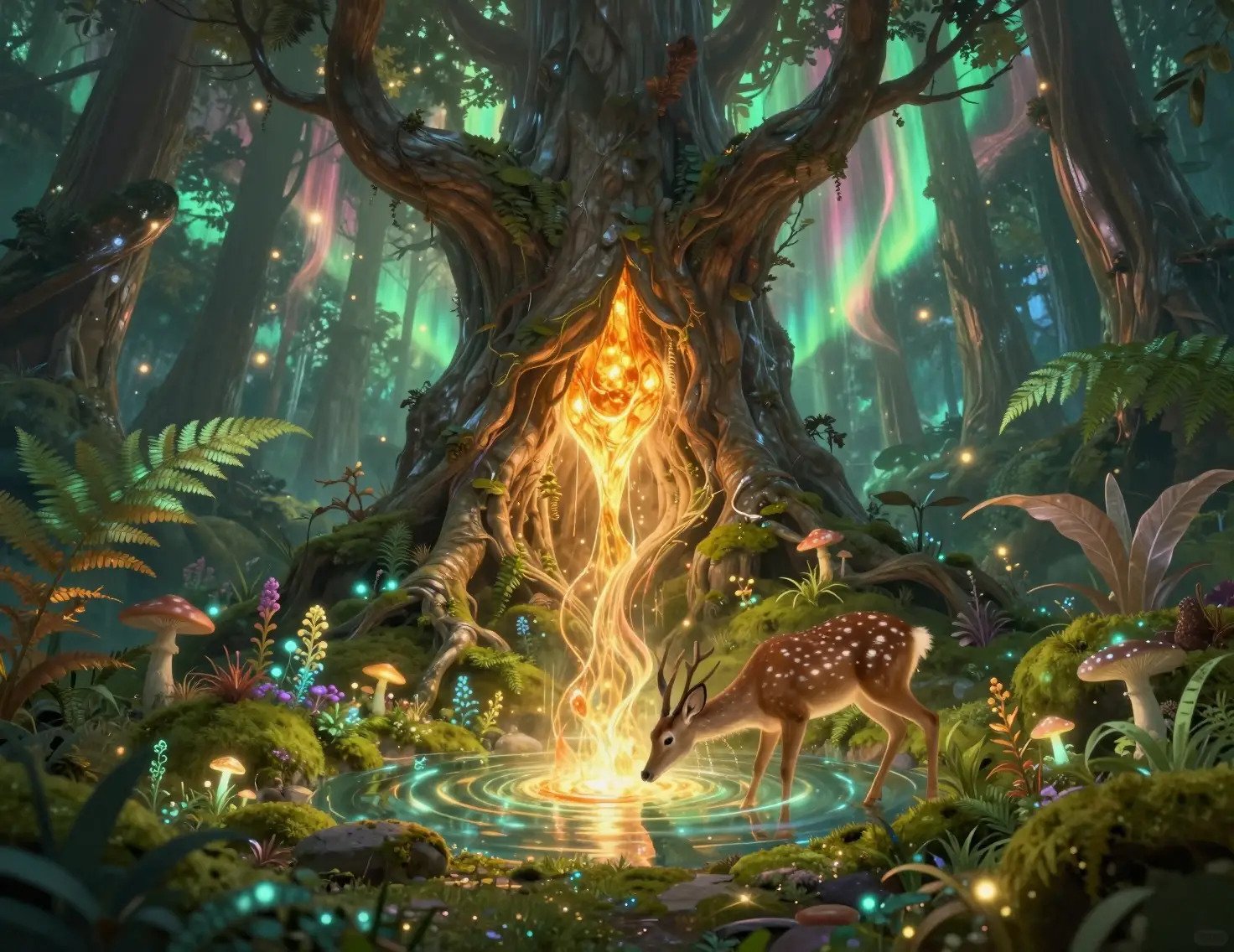 Mystische Waldquelle mit leuchtendem uraltem Baum und Hirsch