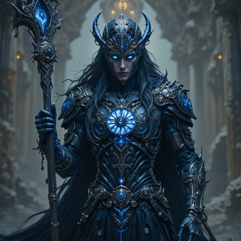 Dunkler gepanzerter Patriarch in leuchtender Cyber-Fantasy-Rüstung