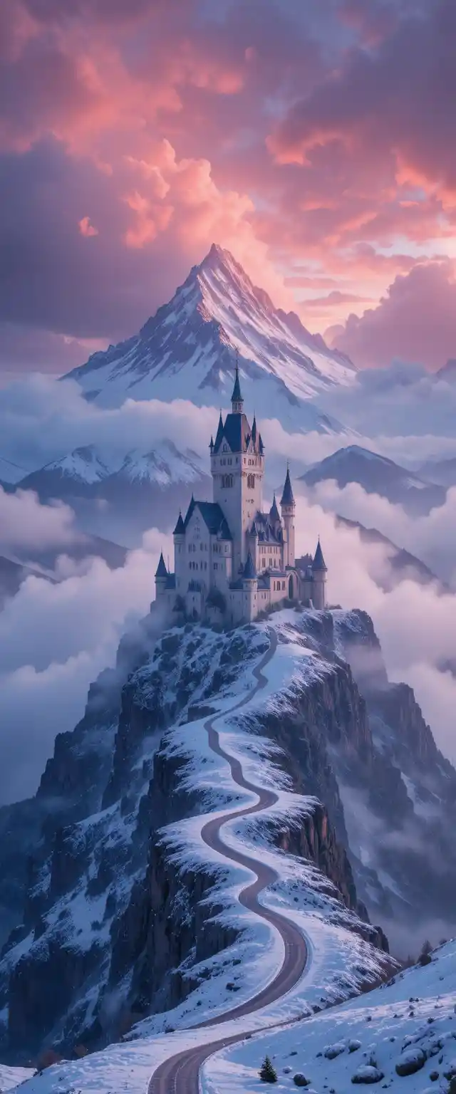 White castle towering above misty layered icy mountains