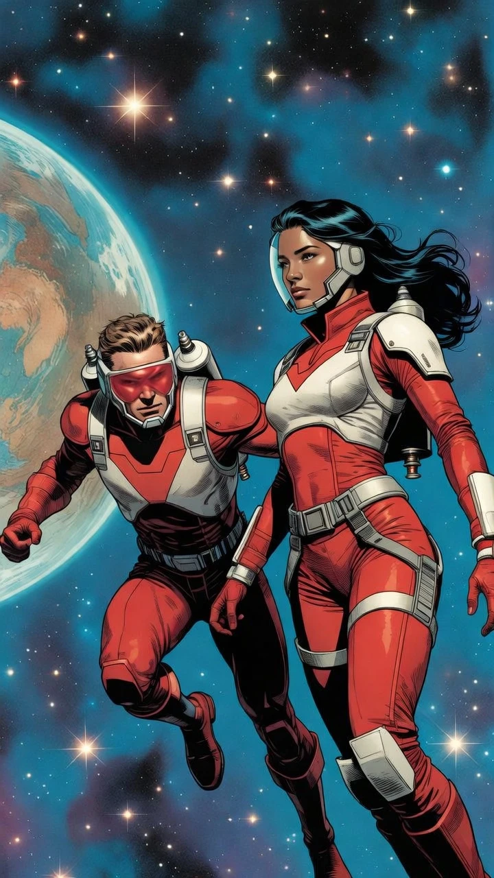 Mujer india con armadura espacial roja y blanca flotando en el espacio