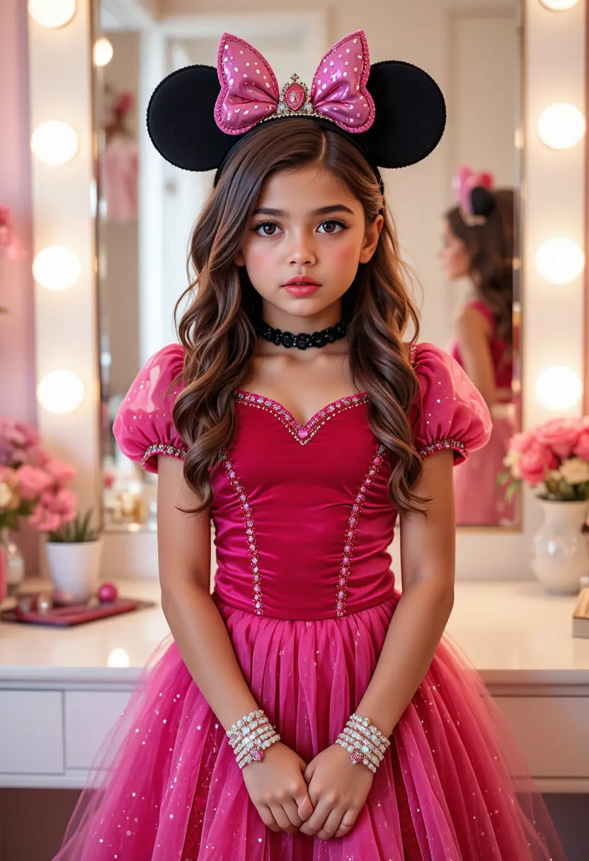 Préado garçon en costume de princesse posant près de la coiffeuse de sa chambre