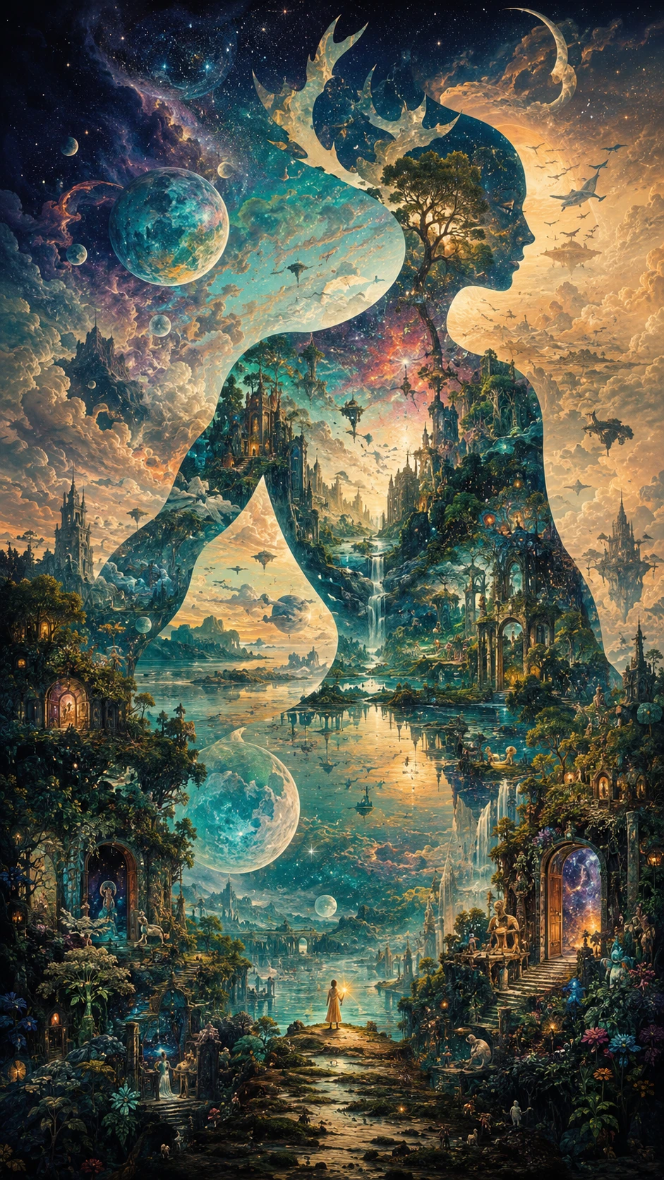 Mundo surreal de seres celestiais e paisagem viva