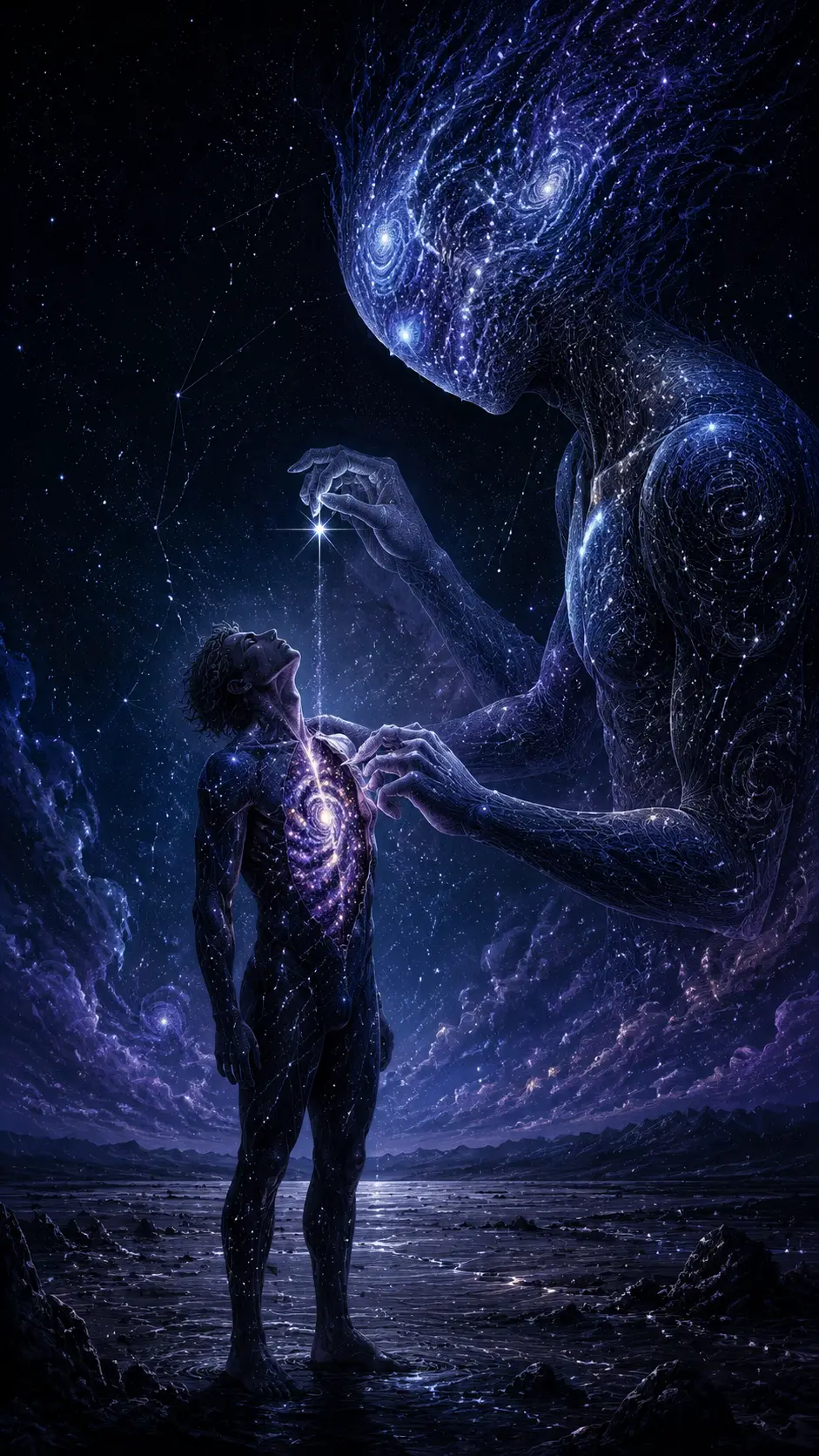 Einsame Gestalt unter weitem Himmel in einer surrealen kosmischen Landschaft