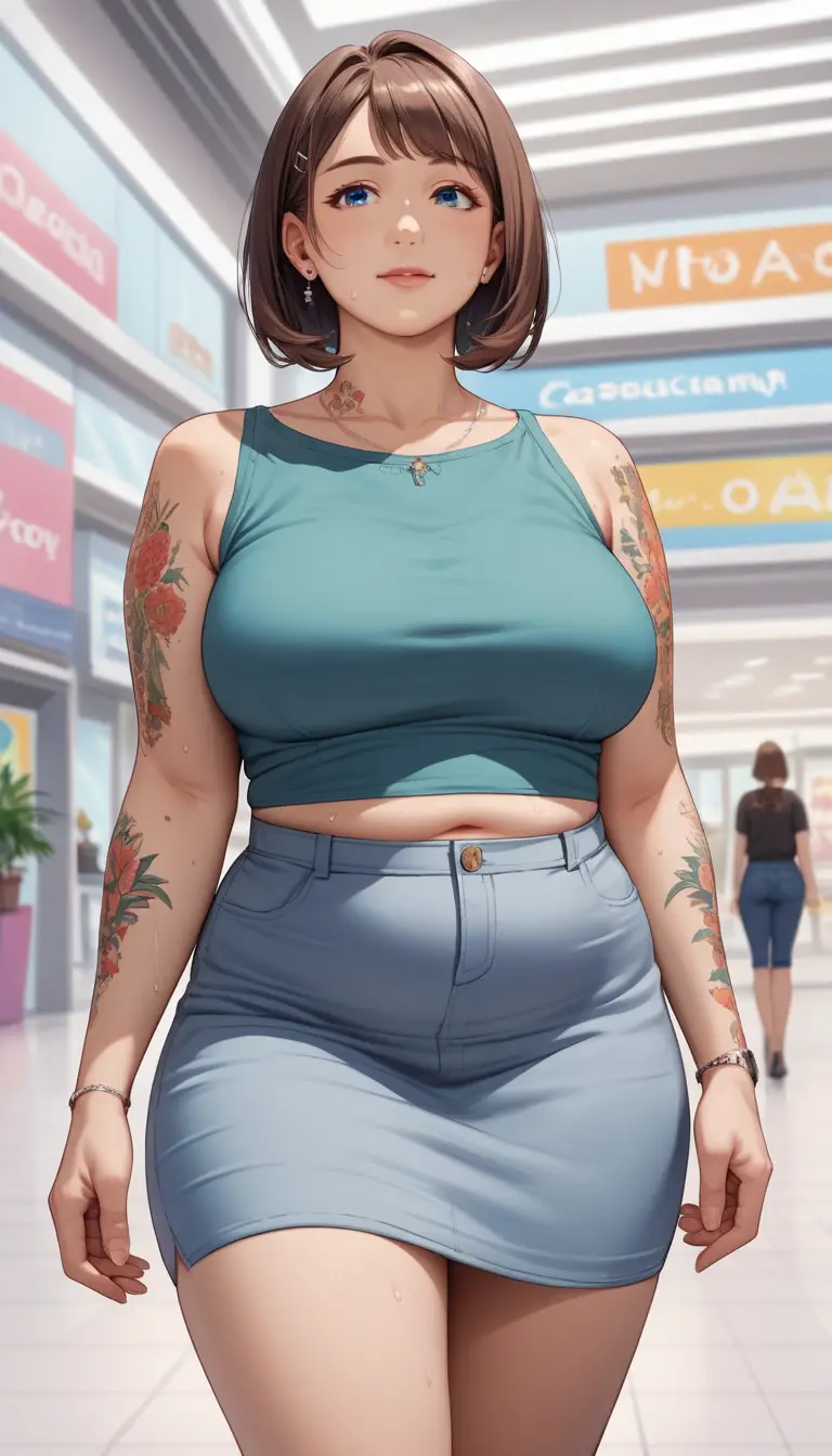 Mujer de anime con atuendo casual y colorido en el centro comercial