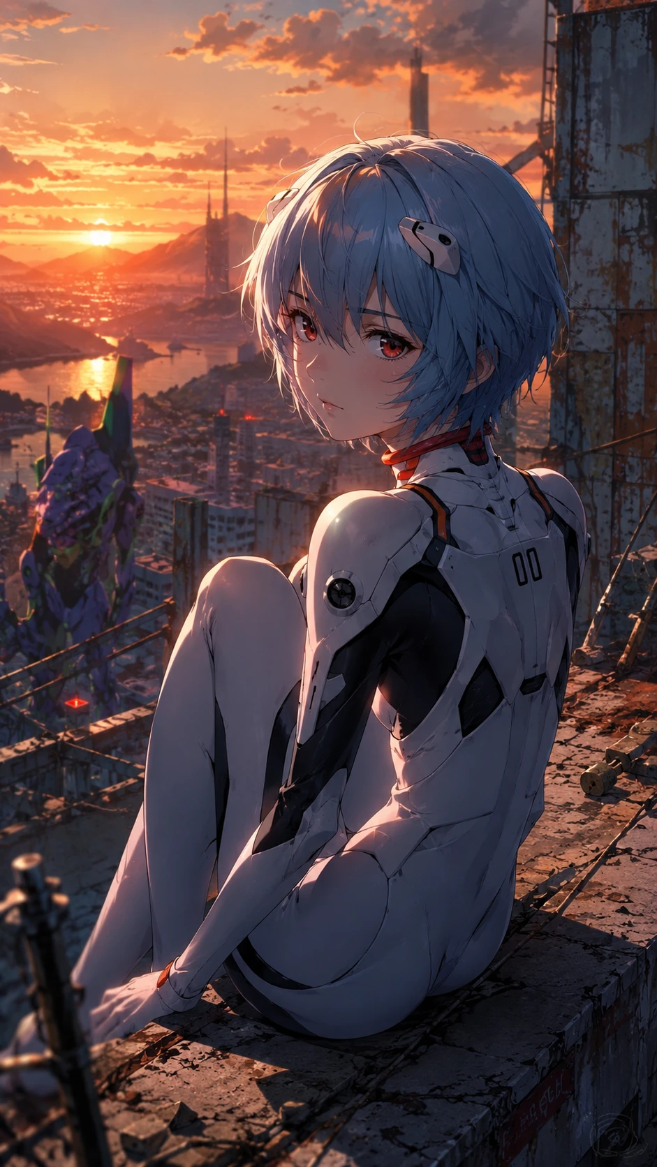 Ragazza anime in piedi davanti a un cielo al tramonto luminoso