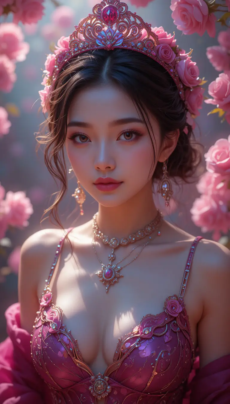 Verführerische koreanische Prinzessin in Magenta zwischen schwebenden Rosenblüten