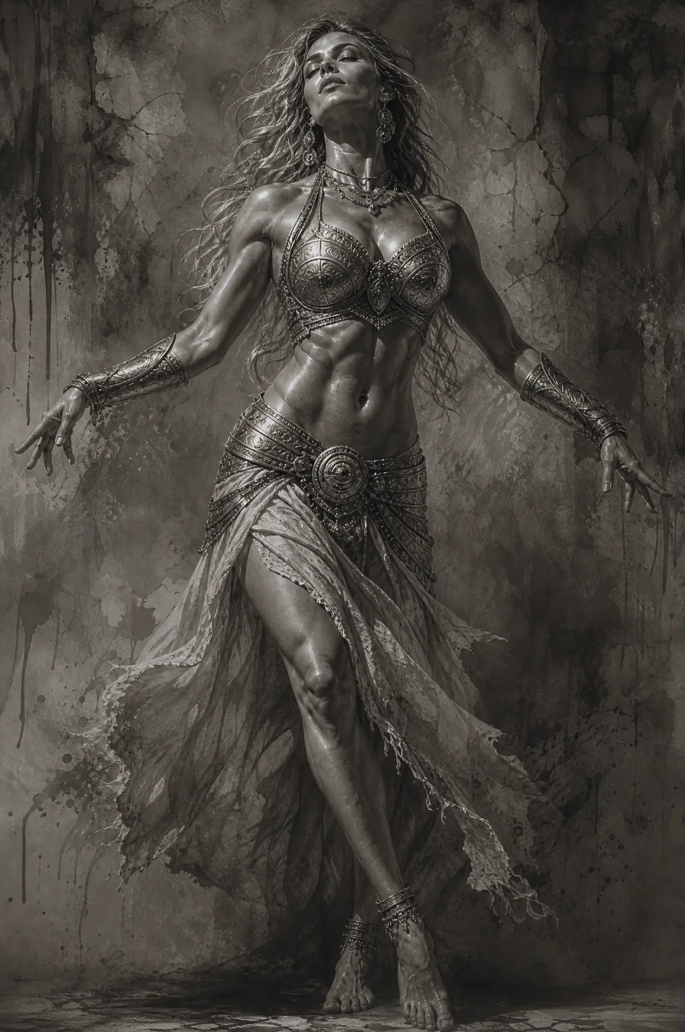 Armored warrior woman in dramatic full body fantasy portrait