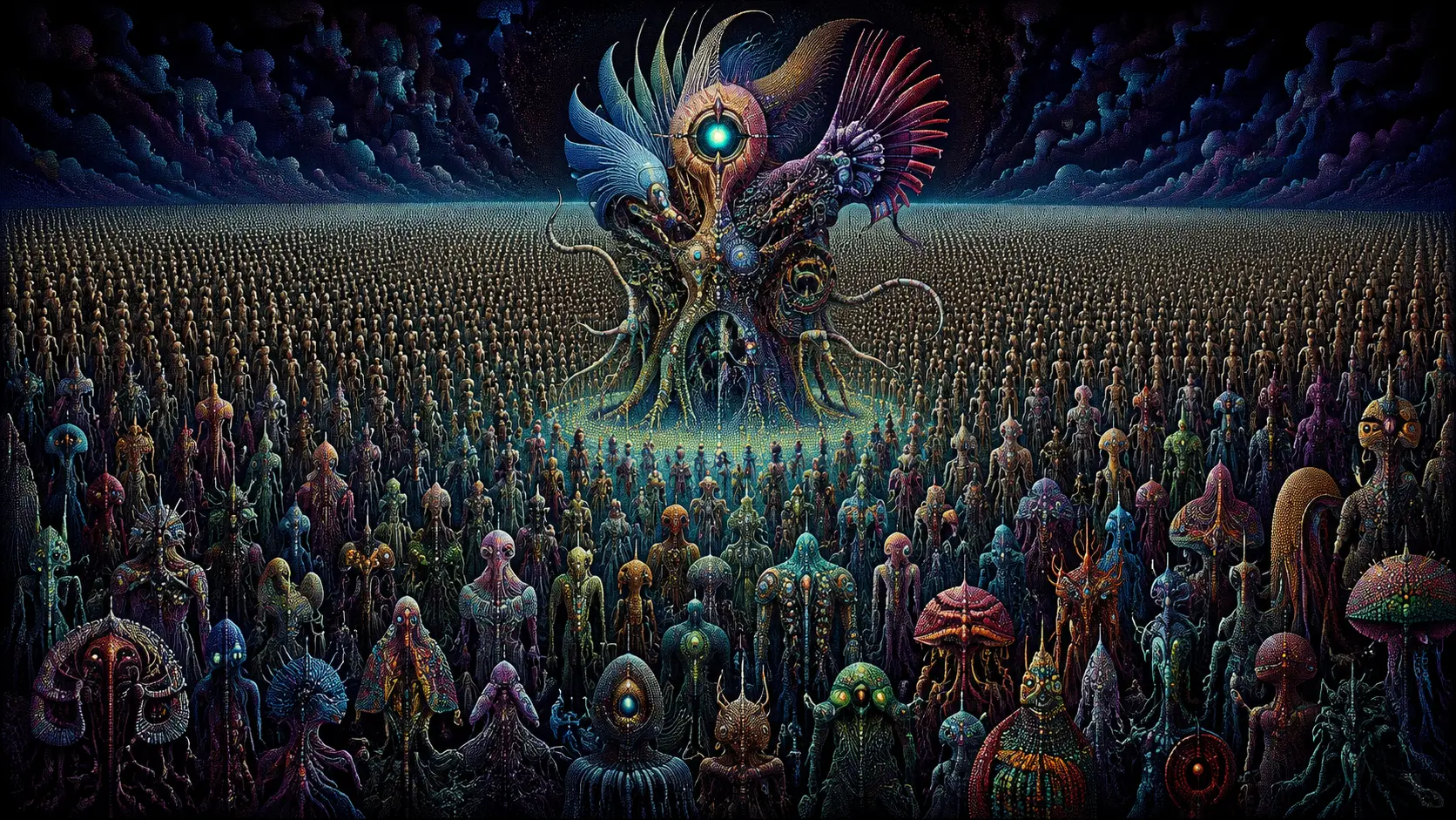 Surreal luminous creature among countless tiny data beings