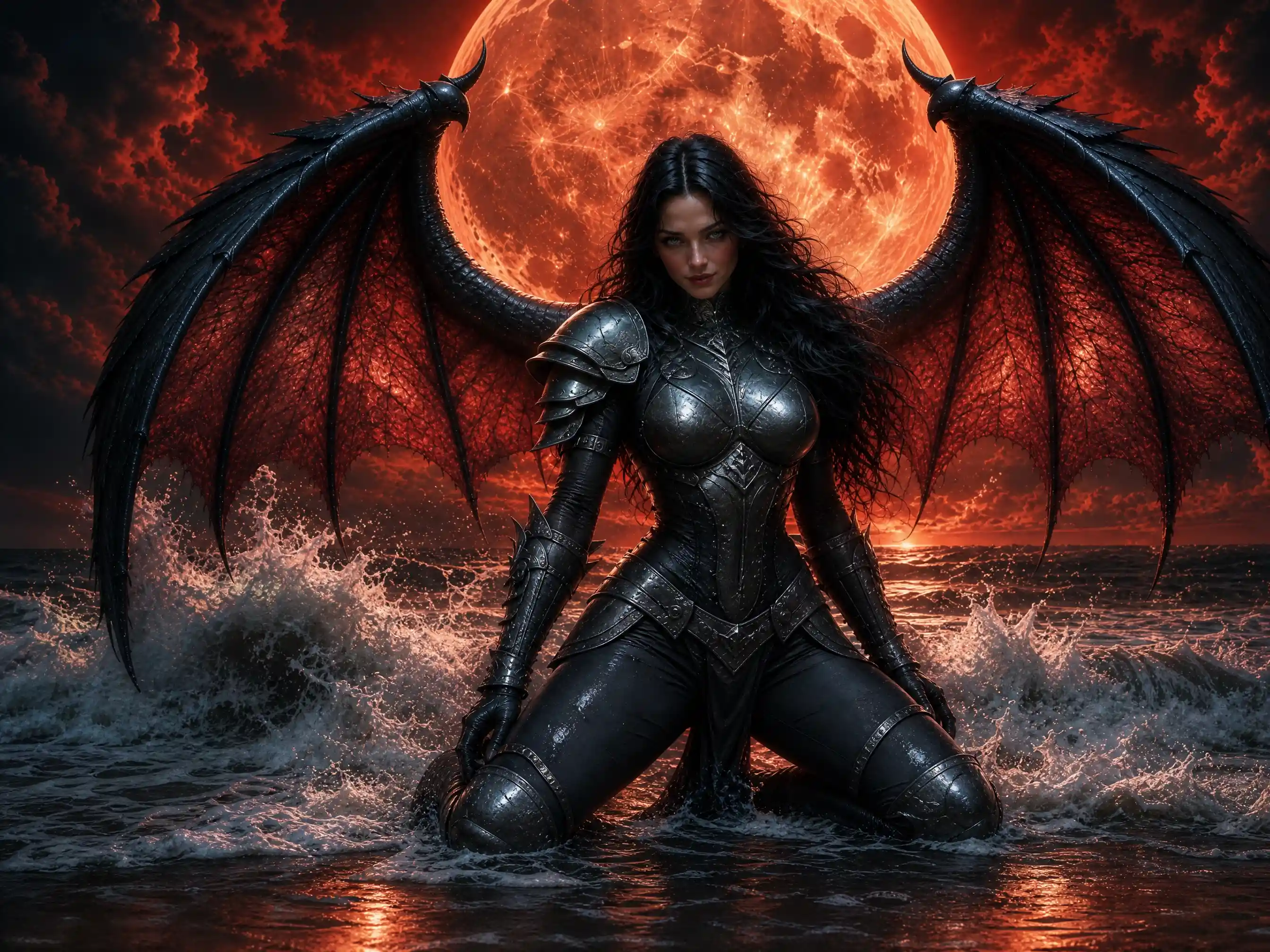 Kneeling fantasy warrior with dragon wings before fiery moon
