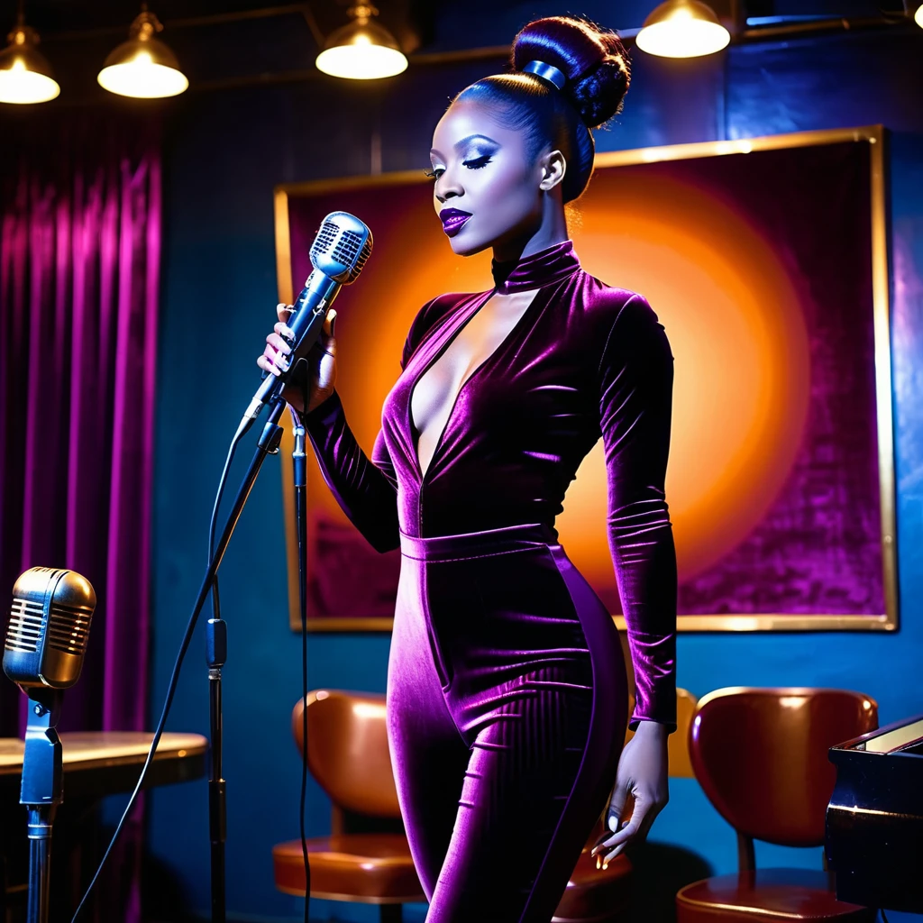 Elegante donna nera che lancia incantesimi in un jazz club d'epoca