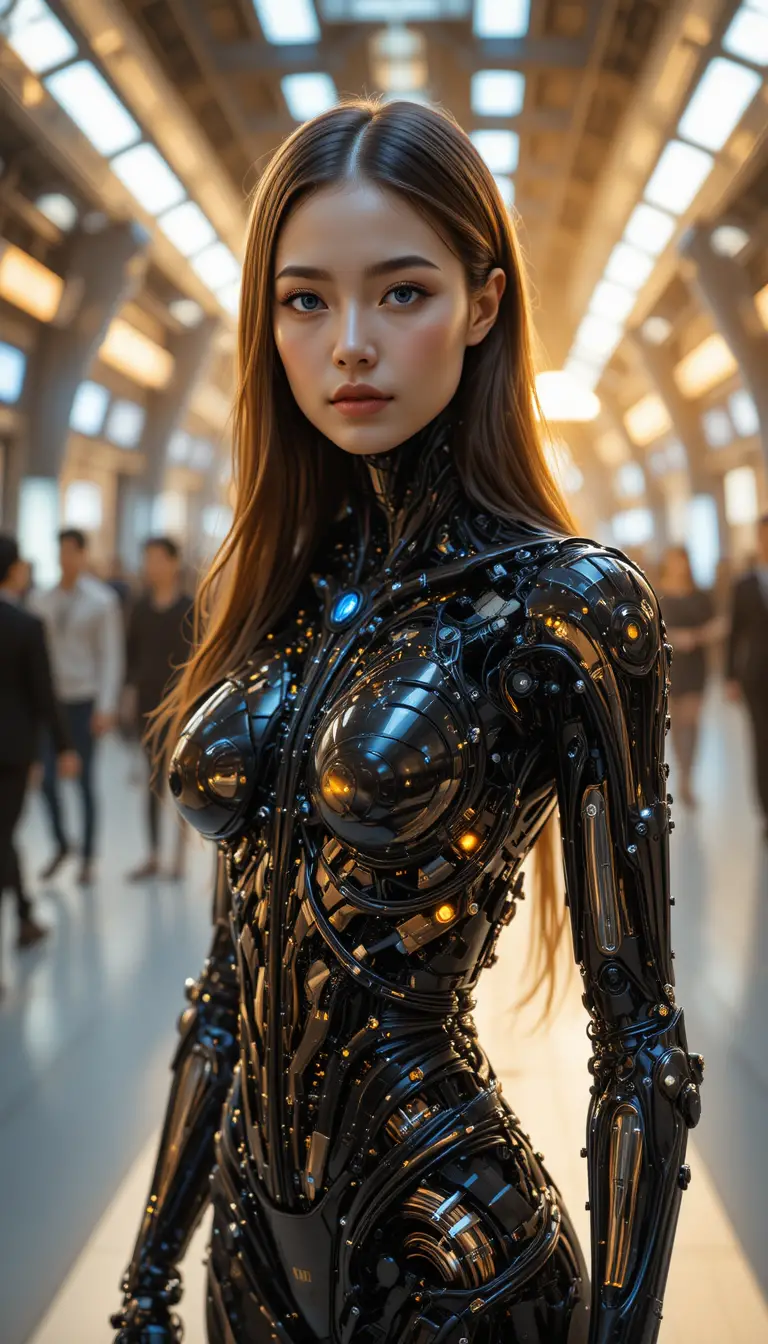 Portrait d’androïde féminine dans une salle d’exposition futuriste