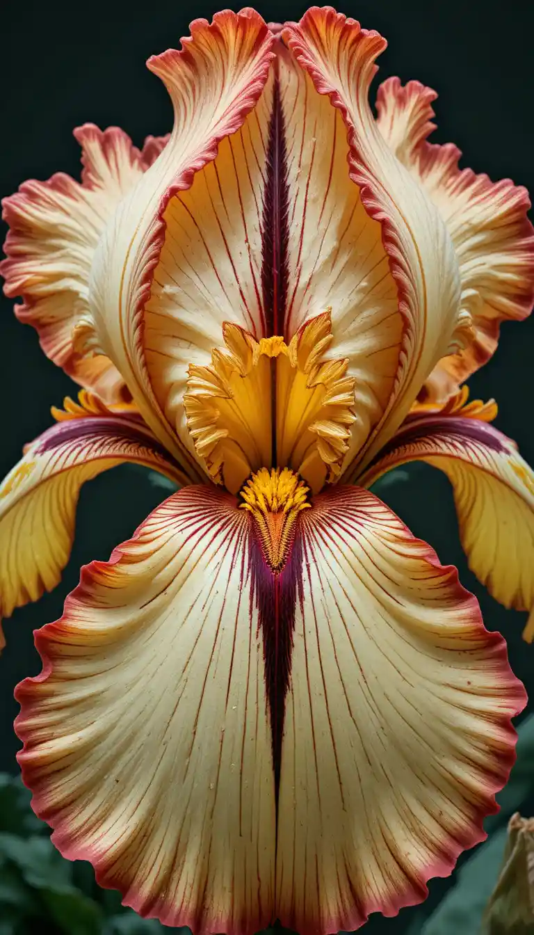 Macro close up of a single striped iris in bloom