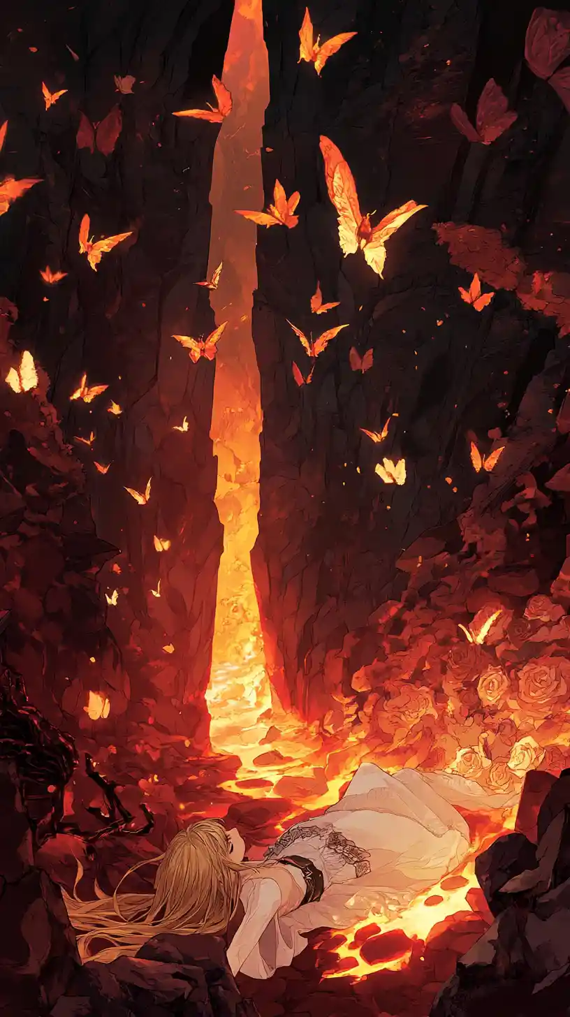 Chica de anime tumbada en lava bajo un cielo y una luna rojos
