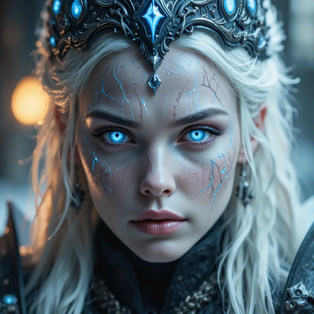 Cinematisches Close-up einer Frostkönigin mit leuchtenden eisigen Augen