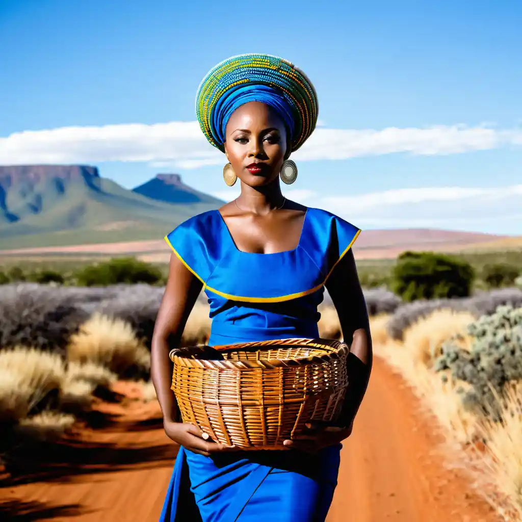 Donna ruandese in abito tradizionale nel deserto del Karoo