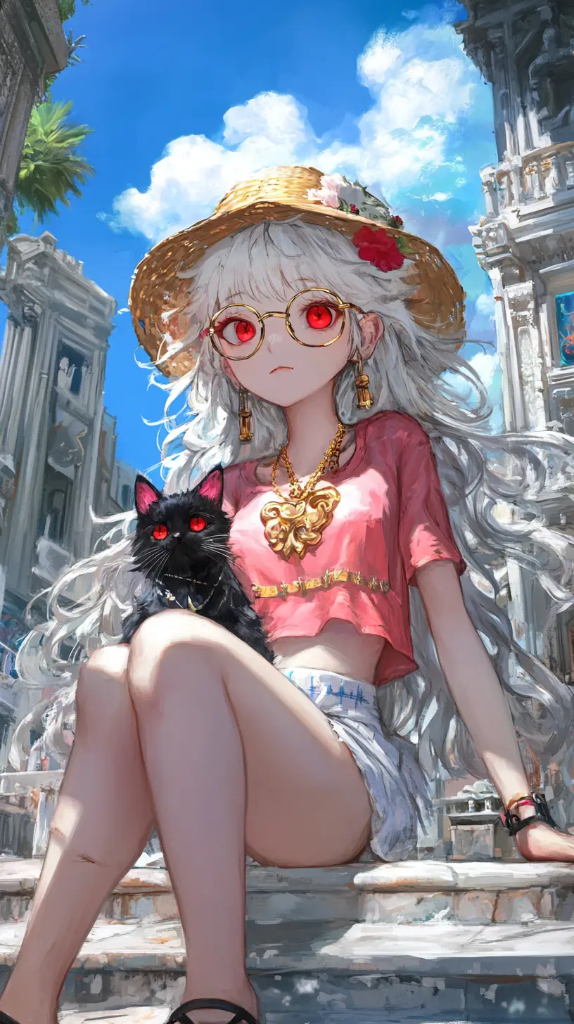 Anime-Mädchen entspannt auf einer Pool-Luftmatratze im Sommer