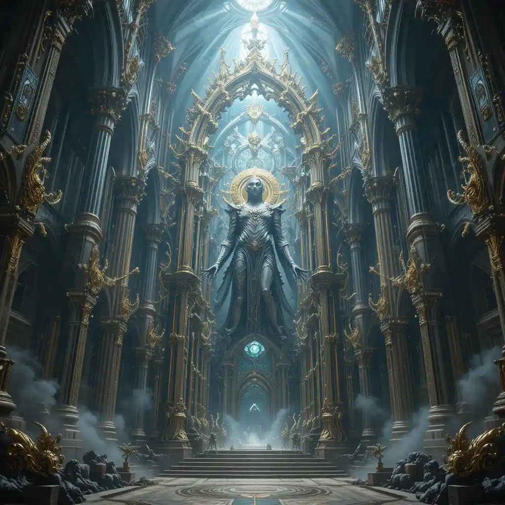 Mythic mechanical deity in a sacred techno gothic cathedral