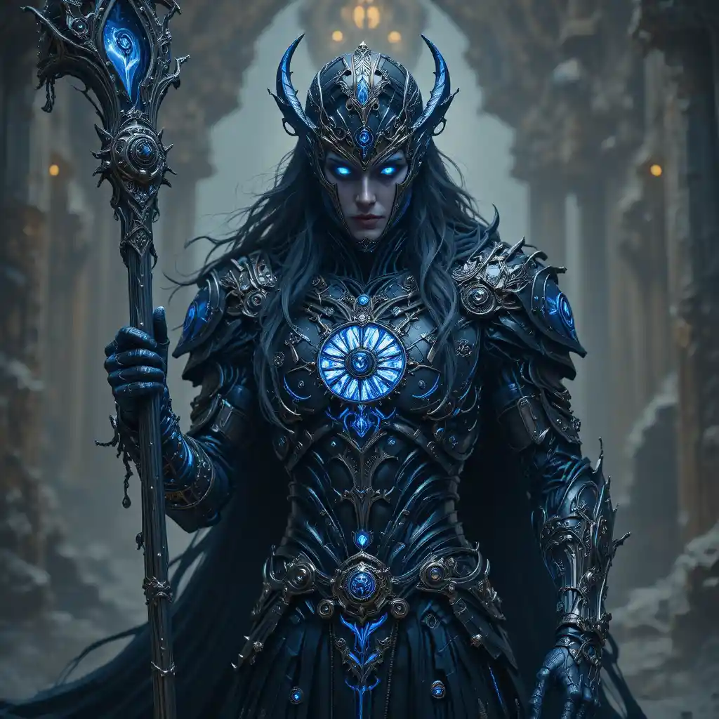 Dark armored patriarch in glowing cyber fantasy armor