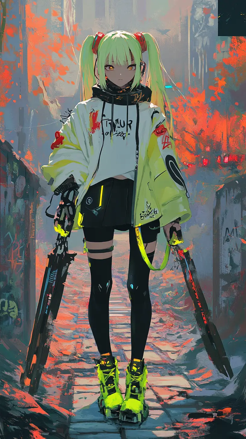 Anime girl in neon cyberpunk city with glowing swords