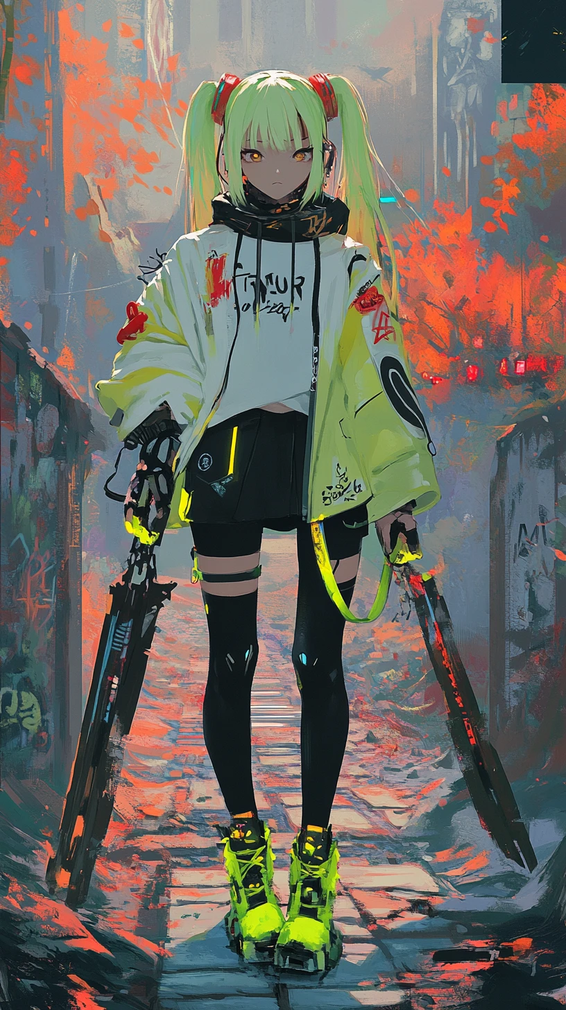 ネオンのサイバーパンク都市で光る剣を持つアニメ少女