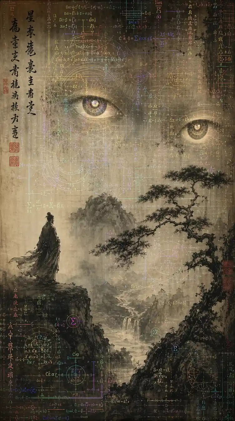 Ancient Ink Painting With Hidden Circuitry And Watching Eyes