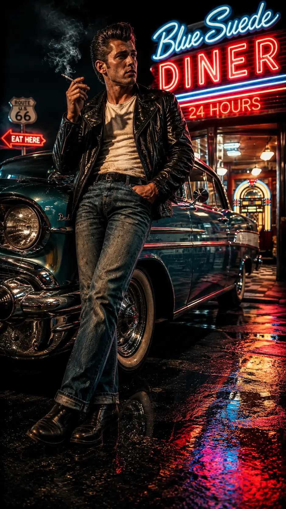 Rebellischer junger Mann an neonbeleuchtetem Diner und Oldtimer