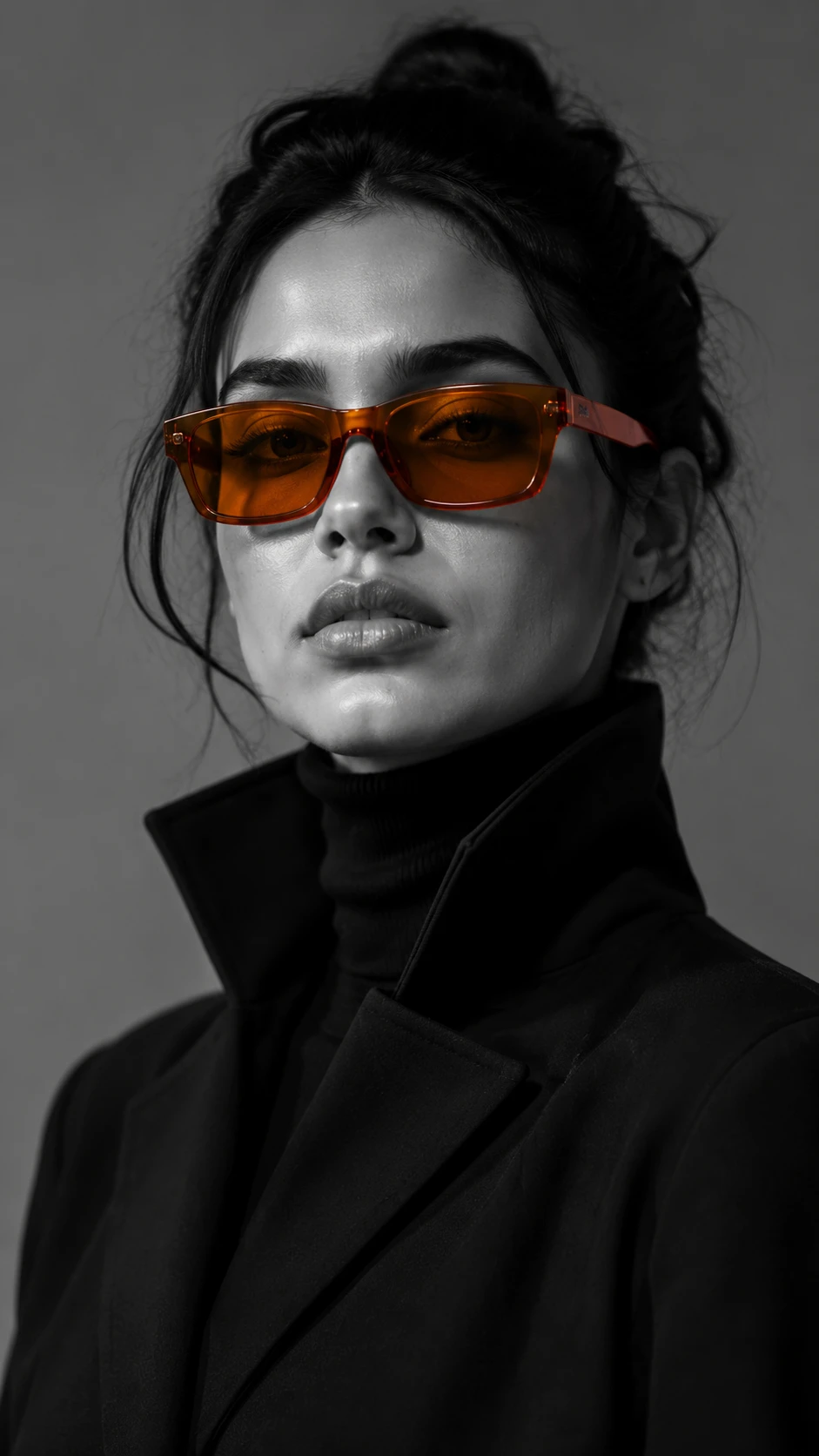 Retrato de moda monocromático con llamativas gafas de sol naranjas
