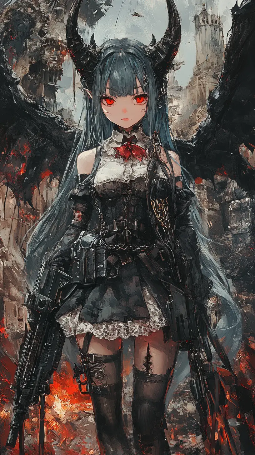 Anime-Mädchen mit Gewehr in einer dunklen urbanen Kriegszone