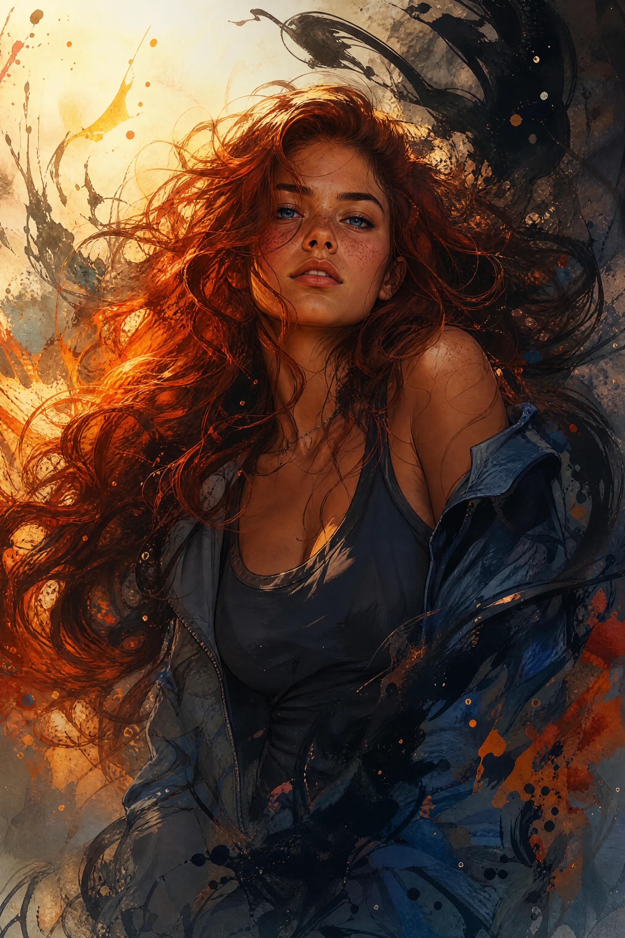 Mujer segura de sí misma de cabello castaño rojizo en ilustración de fantasía vibrante