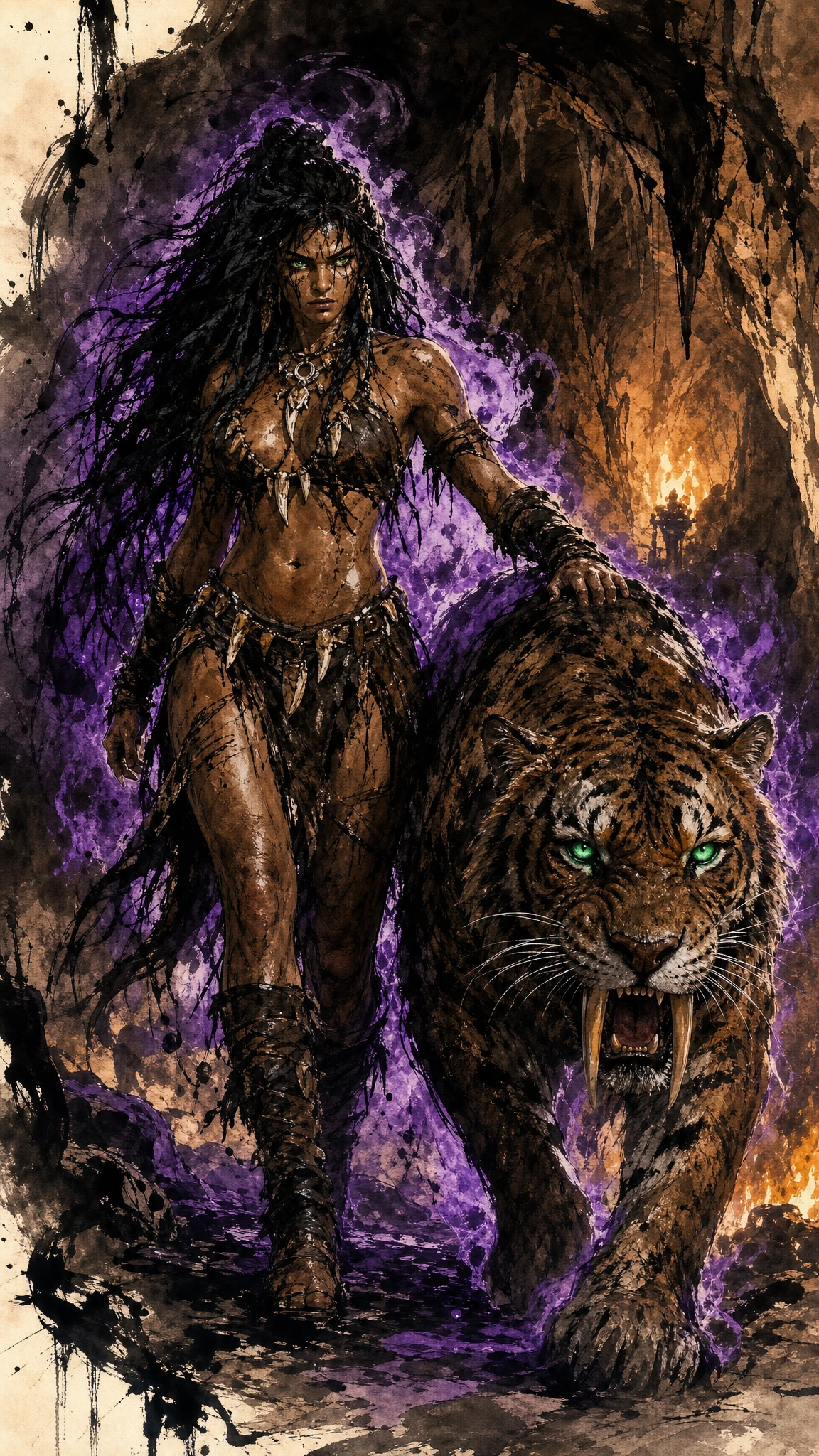 Guerriera dell'età della pietra con tigre dai denti a sciabola in una grotta