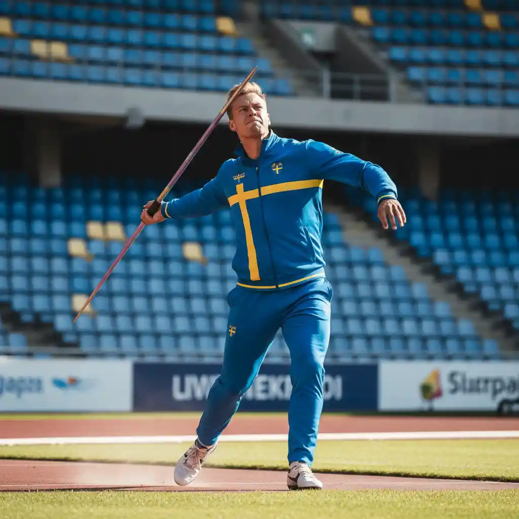 Swedish male athlete throwing a javelin in sunny stadium