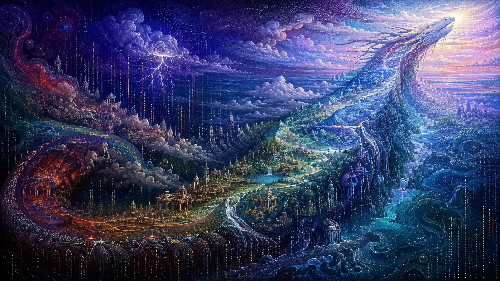 Mythical data creature climbing a surreal cosmic landscape