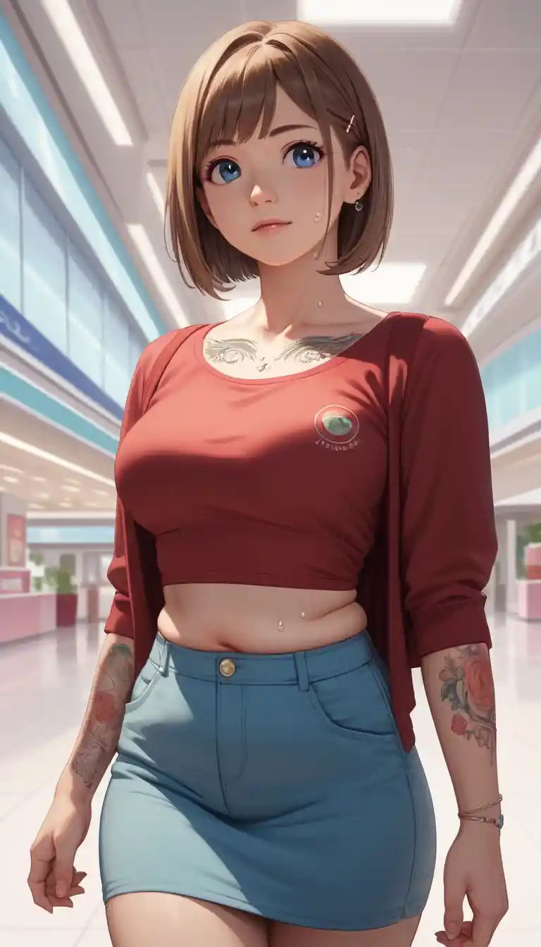 Verführerische Anime-Frau in lässigem Outfit im Einkaufszentrum