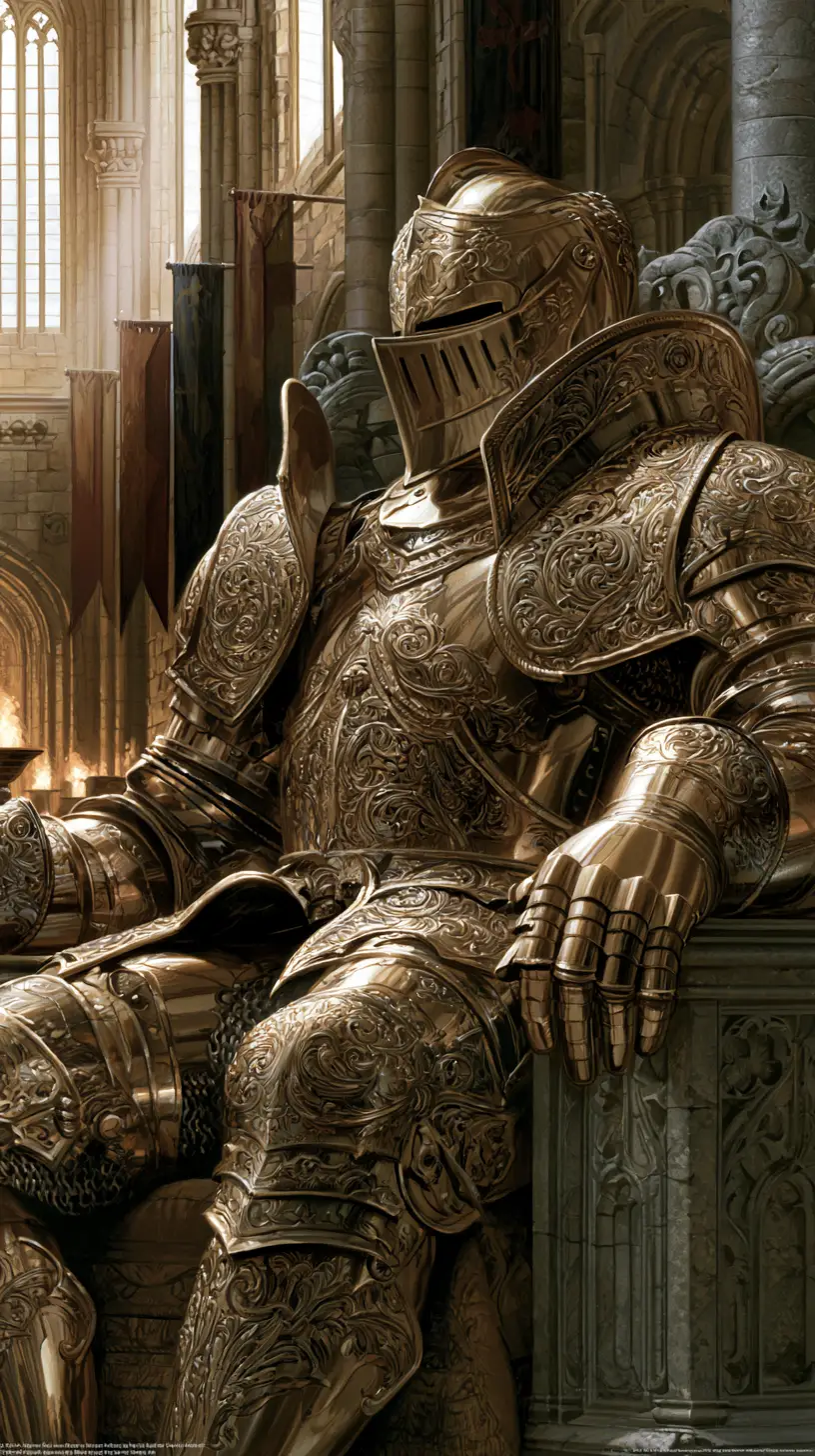 Chevalier en armure dorée assis sur un grand trône de pierre