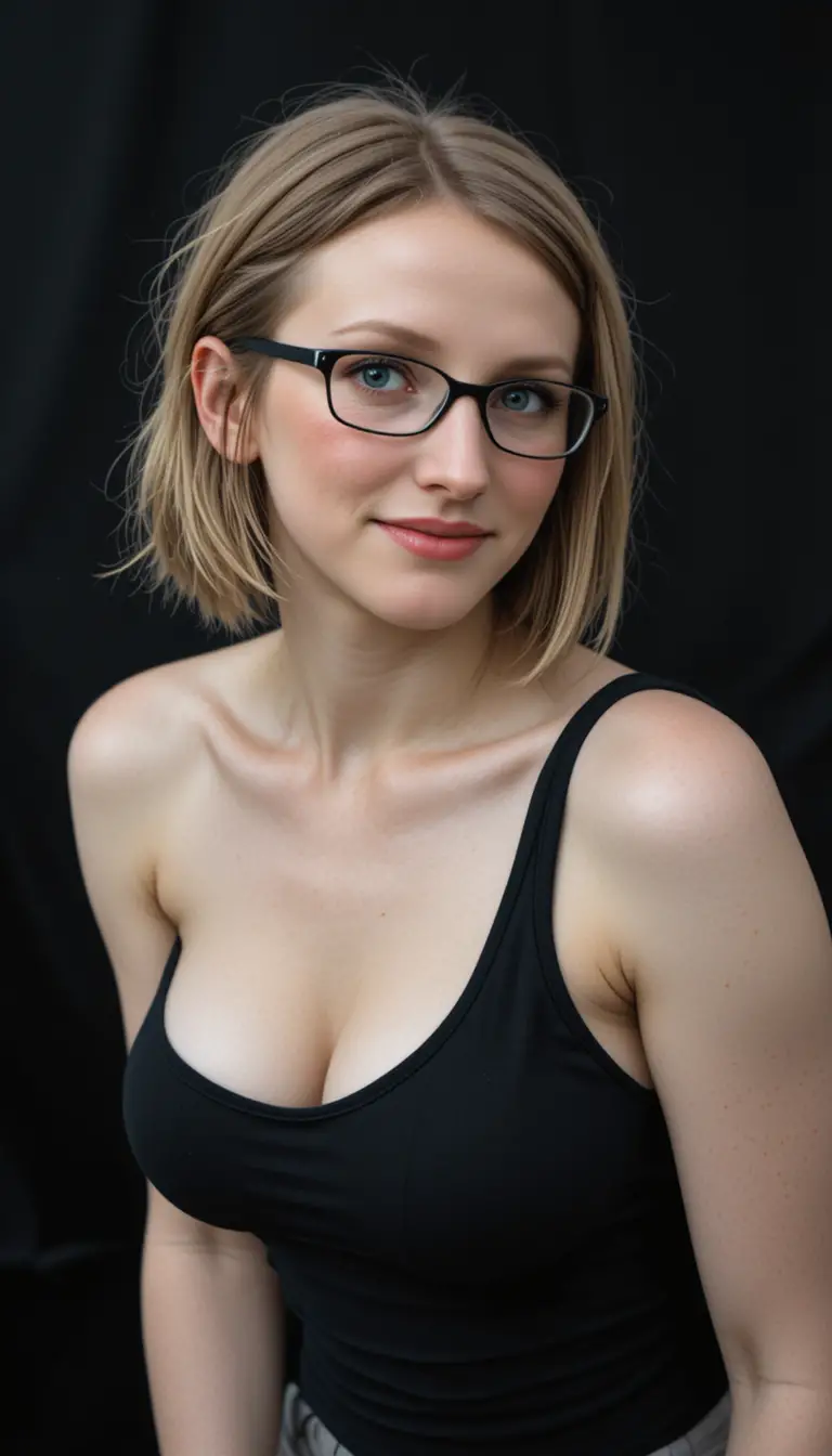 Blonde gothische Teenagerin mit Brille beugt sich nach vorn