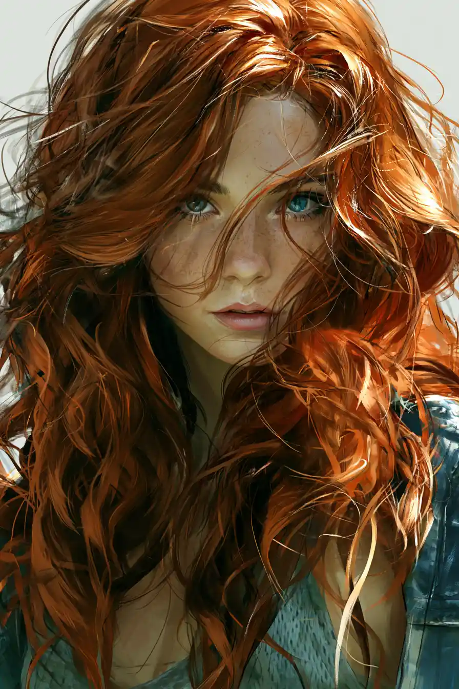Donna dai capelli rosso ramato, sicura di sé, in un ritratto con illuminazione fantasy drammatica