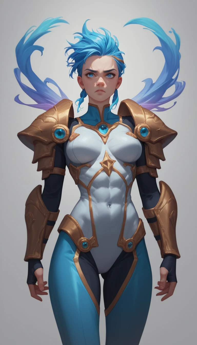 Heroína de anime con armadura elegante y cabello salvaje y colorido