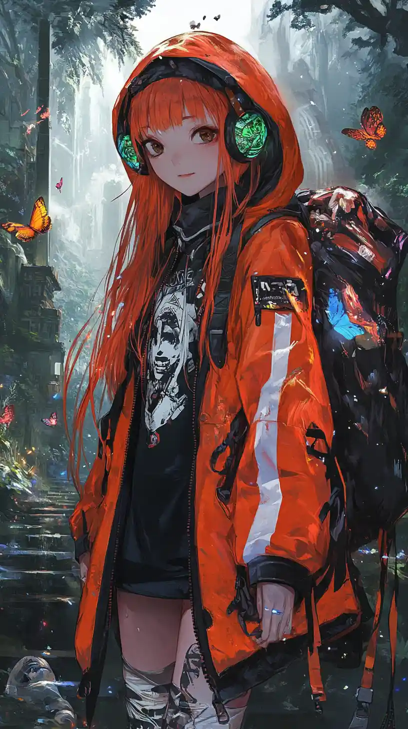 Anime girl in orange winter coat with headphones and mask