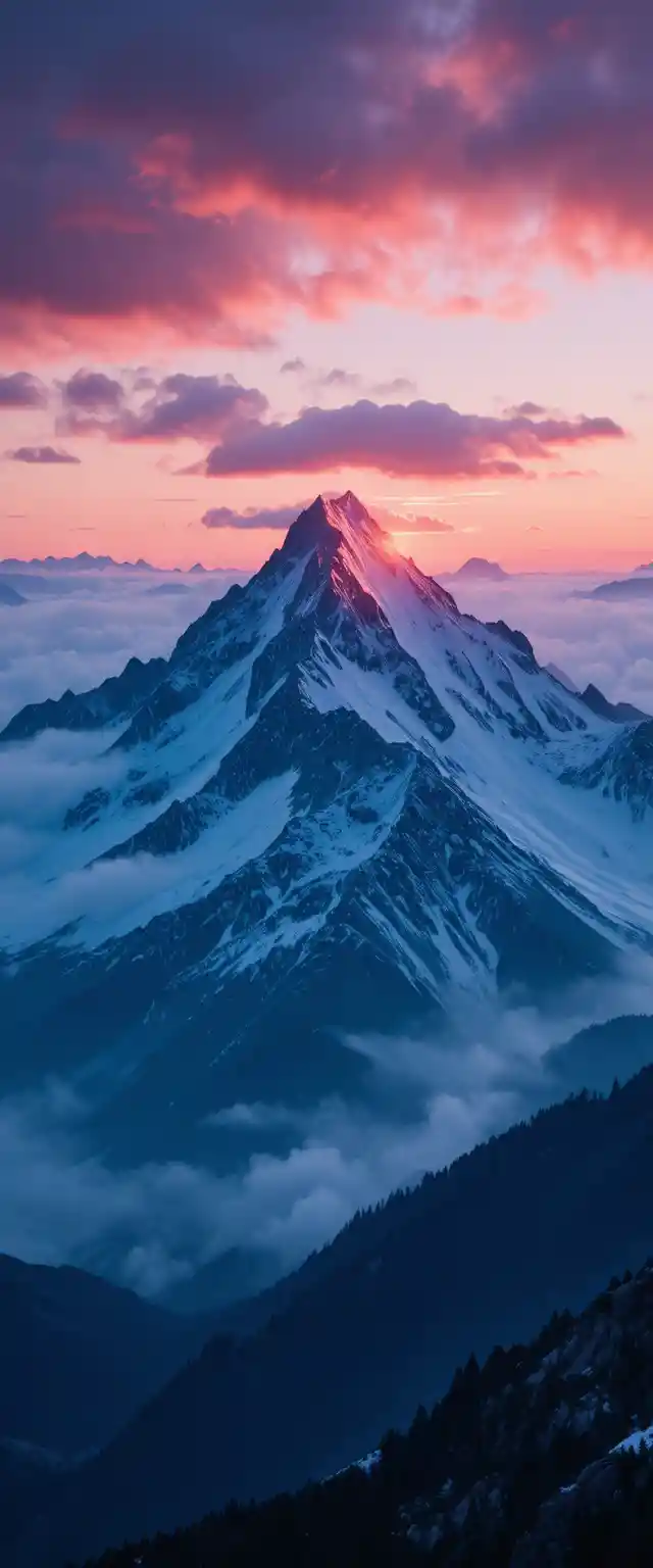 Misty Icy Mountains Under Purple And Blue Evening Clouds