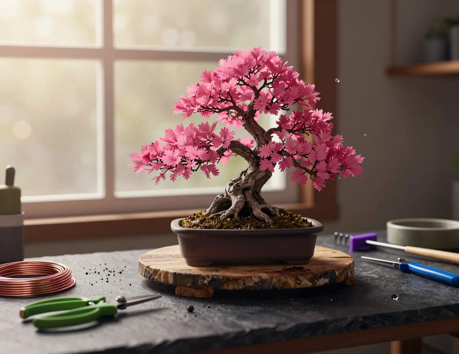 Bonsaï 3D photoréaliste sur l’établi d’un artisan