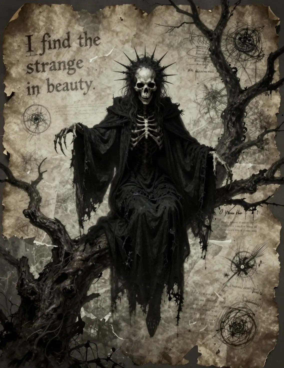 Gaunt skeletal figure hovering on twisted tree in darkness