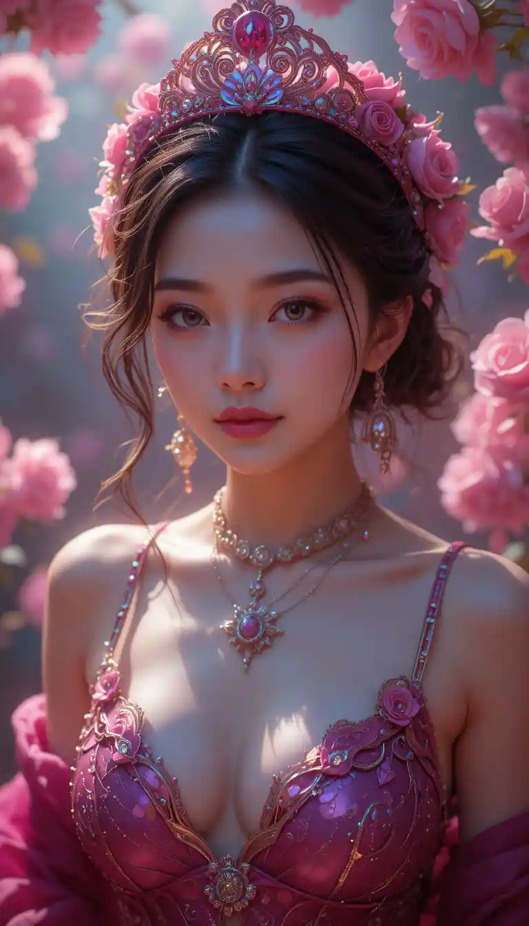 Verführerische koreanische Prinzessin in Magenta zwischen schwebenden Rosenblüten