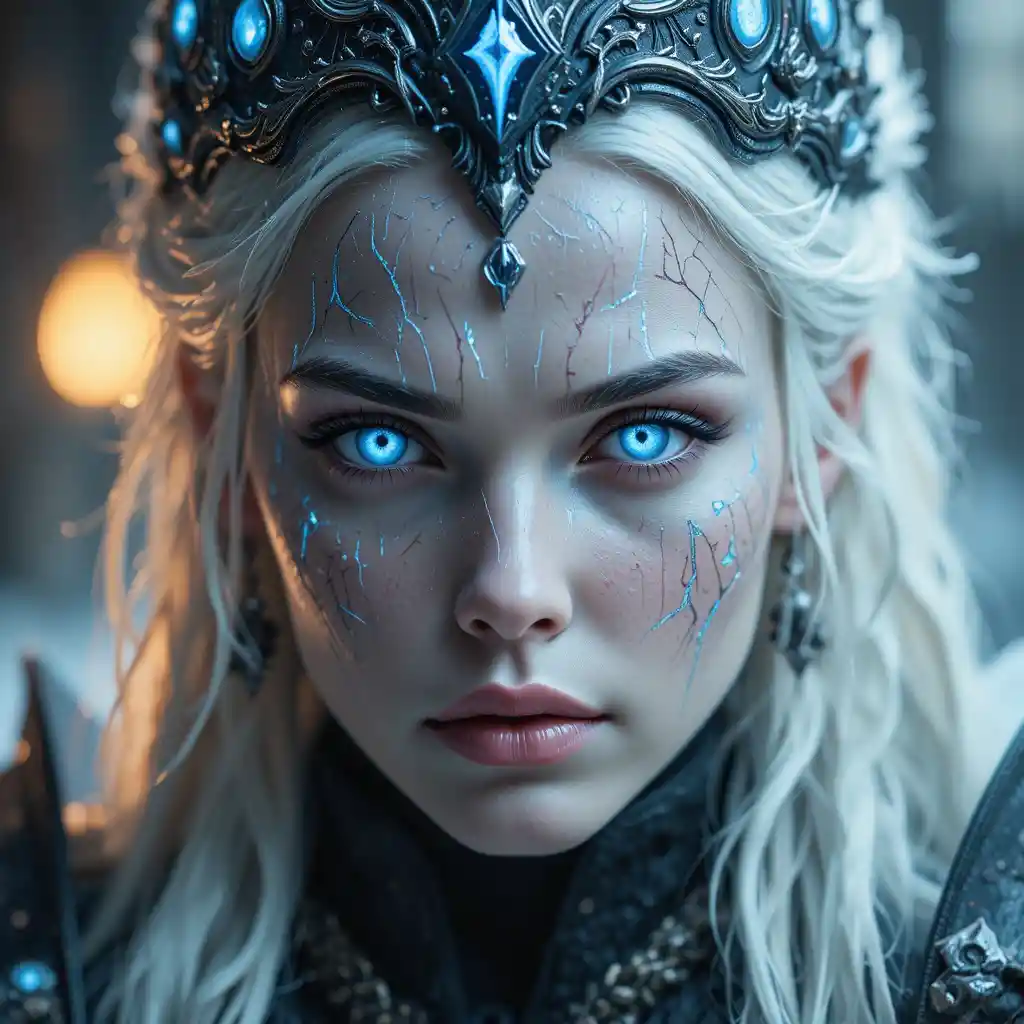 Cinematic close up of frost queen with glowing icy eyes