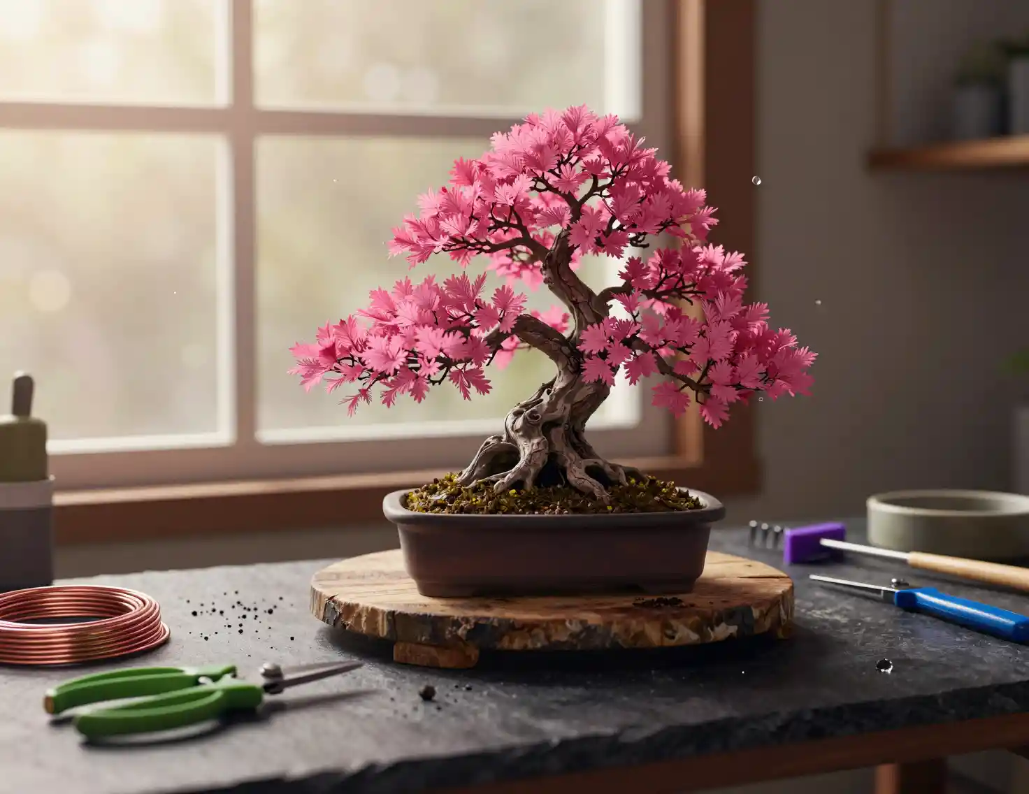 Bonsai 3D fotorealistico su banco da lavoro artigianale