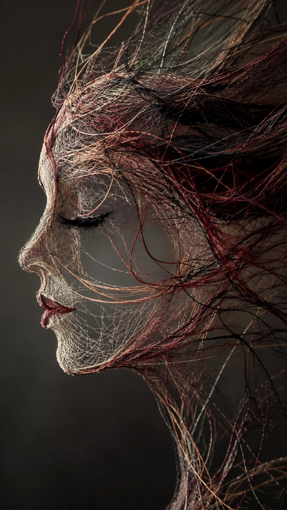 Perfil surreal de mujer tejido con hilos bajo luz de estudio