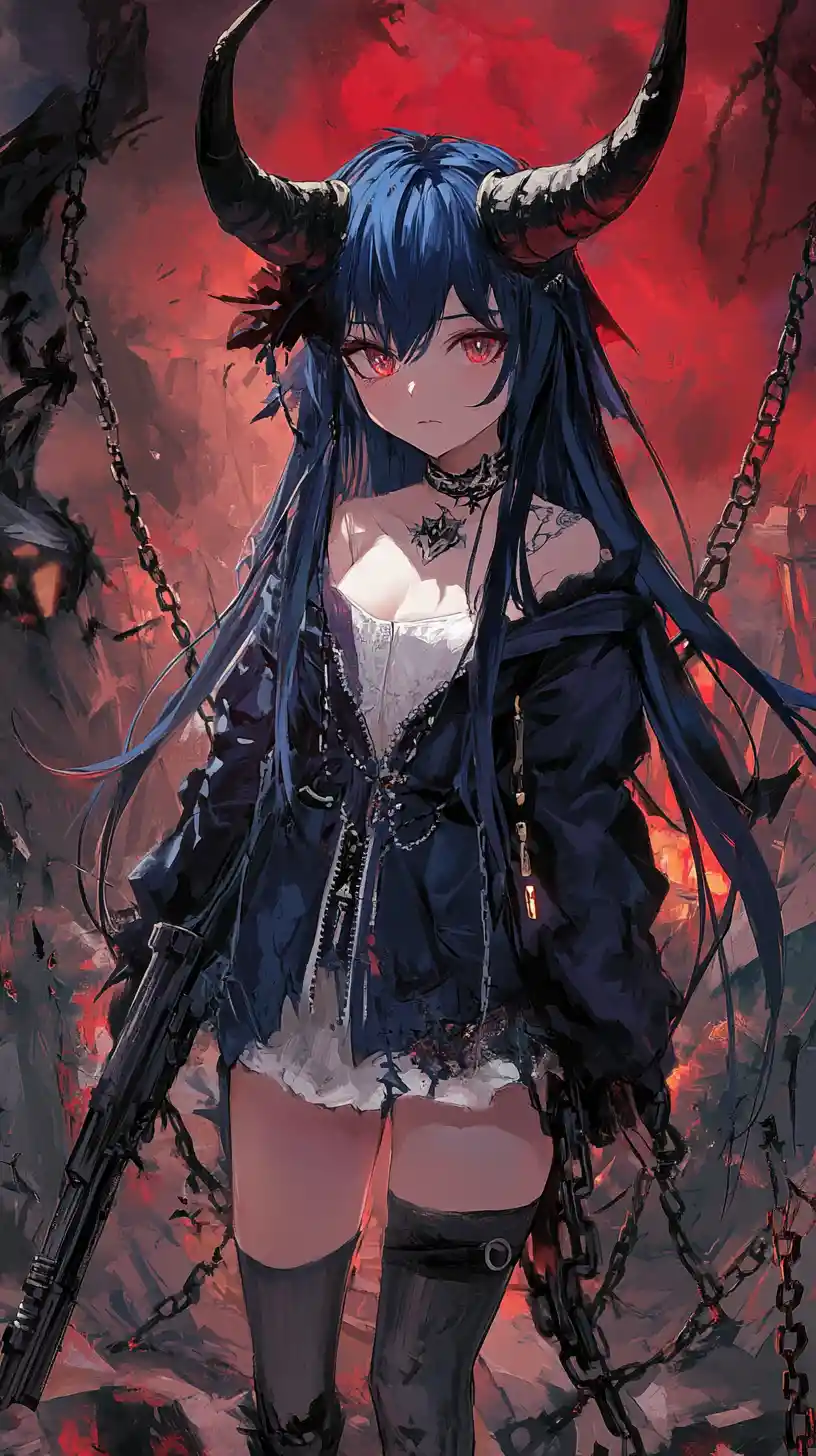Dark haired anime girl with rifle in ruined city