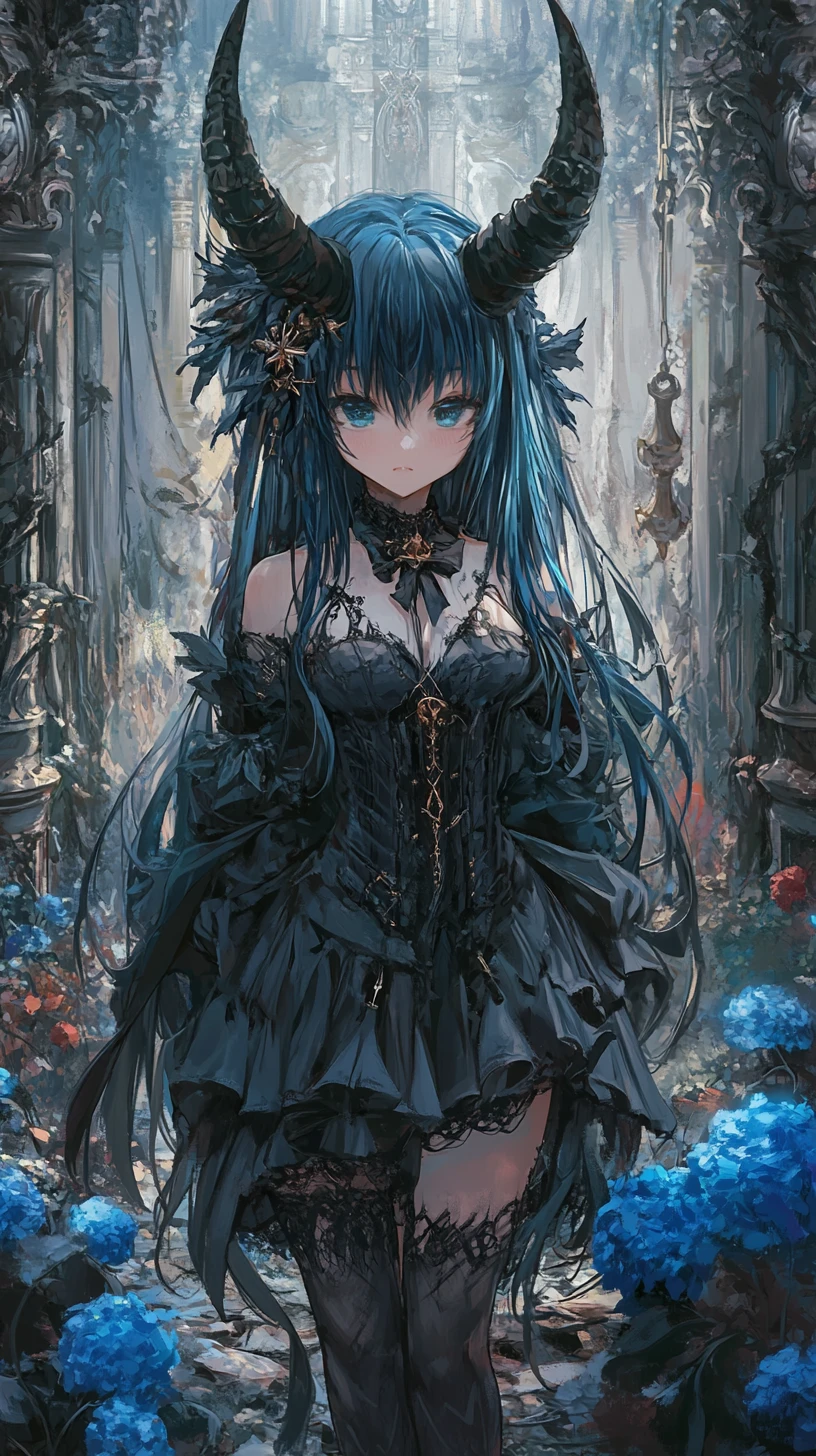 穿著惡魔角裝扮的深藍色長髮動漫少女