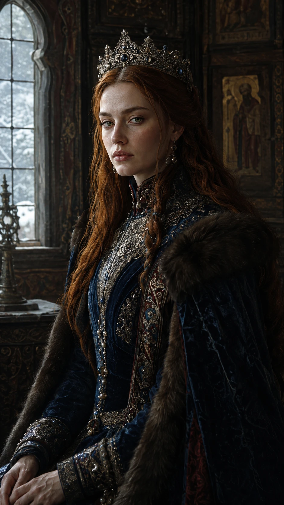 Joven reina eslava en un oscuro castillo medieval - retrato