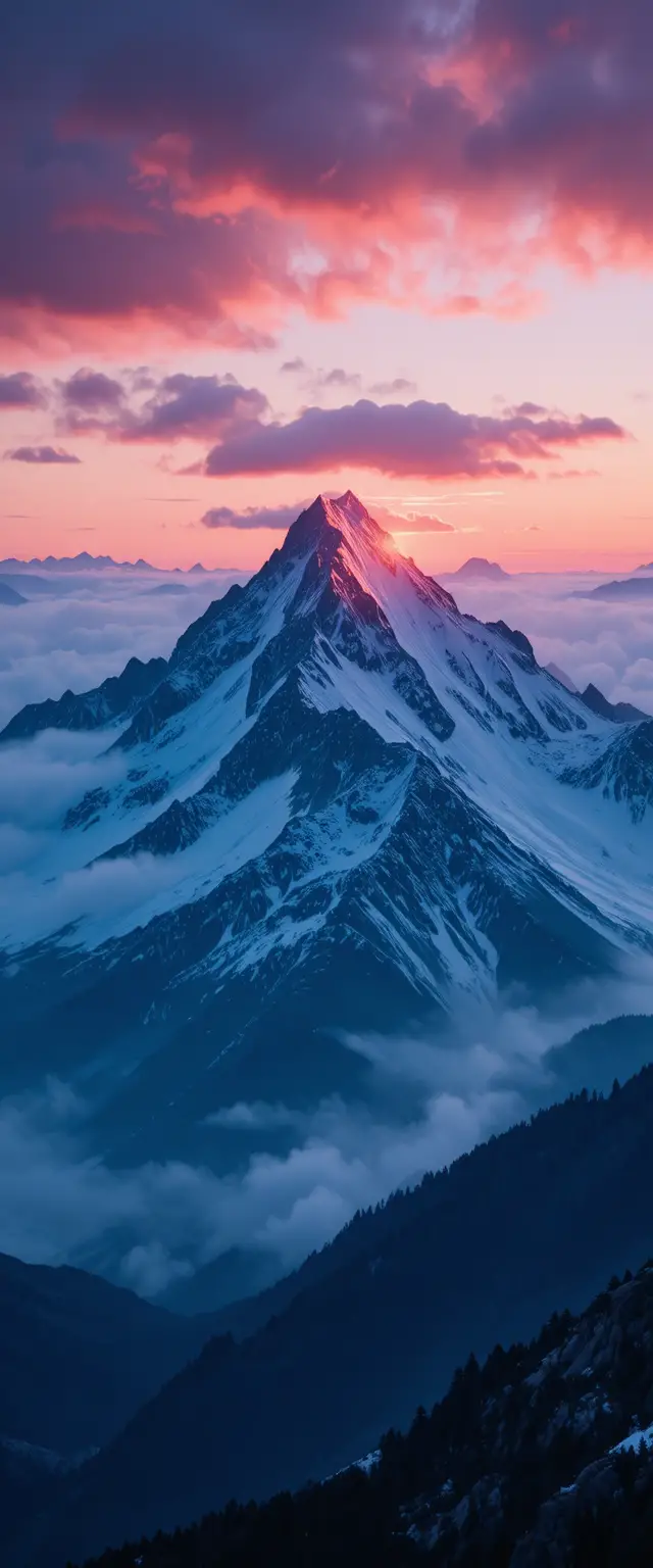 Misty Icy Mountains Under Purple And Blue Evening Clouds